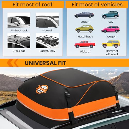 Sailnovo Rooftop Cargo Carrier, 15 Cubic Waterproof Soft-Shell Car Roof Cargo Carrier for Top of Vehicle with/Without Roof Rack, Car Top Carrier with Anti-Slip Mat, Safety Hooks & Storage Bag