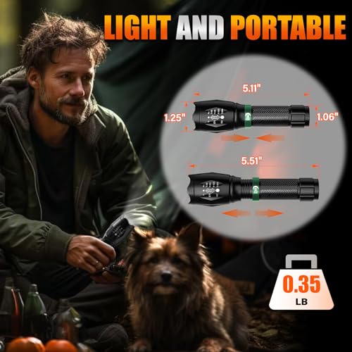 2 Pack LED Flashlights High Lumens with 6 AAA Batteries, 5 Modes Mini Waterproof Tactical Flashlight for Camping Hiking, Bright Flashlight with Zoomable, Fathers Day Gifts for Him, Black & Green