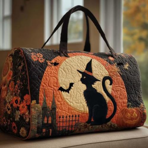 Large Purple Halloween Quilted Duffle Bag for Women - Trick or Treat Tote with Pumpkin Ghost Print, 2026 Capacity