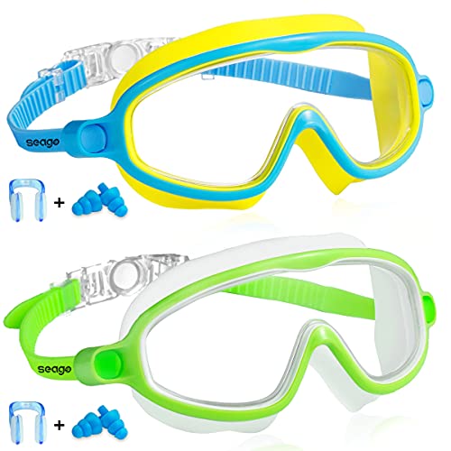 Goggles for kids Swimming 2 Pack No Leaking Anti-Fog Outer Eye Fit with Wide View UV Protection Crystal Clear Watertight Swim Goggles with nose cover Suitable for Children Youth Boys Girls Age 3 to 15