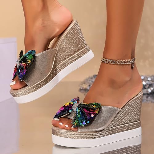 Generic Wedge Sandals for Women Summer 2024 Fashion Slippers Open Toe Casual Wedges Slip On Platform Sandals Women Beach Travel Walking Shoes Comfortable, 7, Gold-2