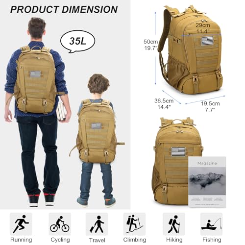 Jueachy Tactical Backpack 35L Military Bag: Waterproof Army Hiking Backpack Molle Bookbag Edc Bag Tan