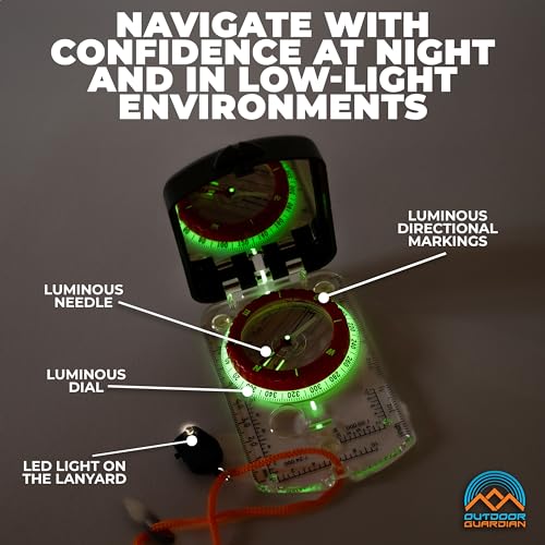 Outdoor Guardian Pathfinder Camping and Hiking Compass - Camping Accessories, Orienteering Compass with Clinometer, Adjustable Declination and LED, Survival Gear and Equipment, Camping Gifts