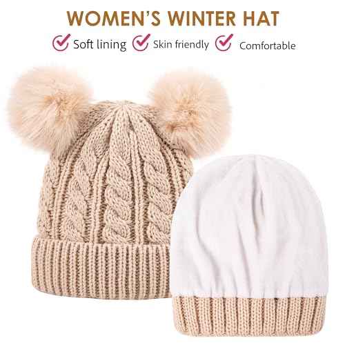 Women's Winter Hat Soft Knit Beanie with Faux Fur Pom Hat with Warm Fleece Lining Skull Cap for Women