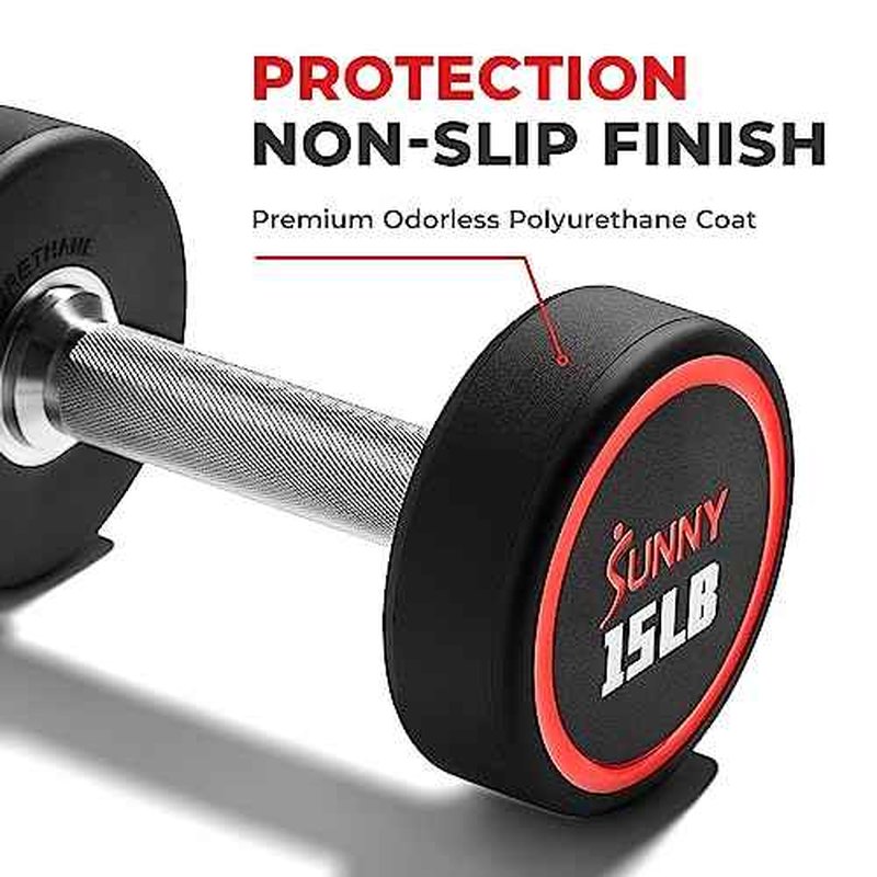 Sunny Health & Fitness Premium Polyurethane Commercial Grade Round Dumbbells with Diamond Knurled Handle, Durable Strength Training Equipment for Home Gym, 5-50LB