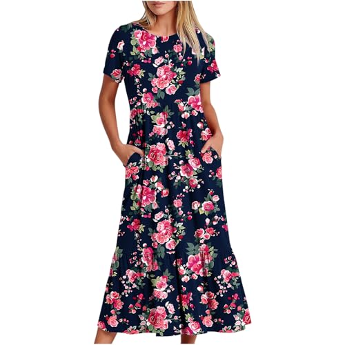 90 percent off clearance of sale Summer Dresses for Women 2024 Pleated Floral Dress Short Sleeve Tshirt Dress Casual Boho Vacation Maxi Dresses #11 Black Large