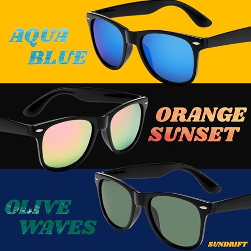 SUNDRIFT Sunglasses for Men & Women | Polarized Sunglasses | All-Terrain Glasses | UV400 Protection | Perfect for Hiking, Boating, Swimming, & Golfing | 3 Pack With Blue, Orange, & Olive Lenses