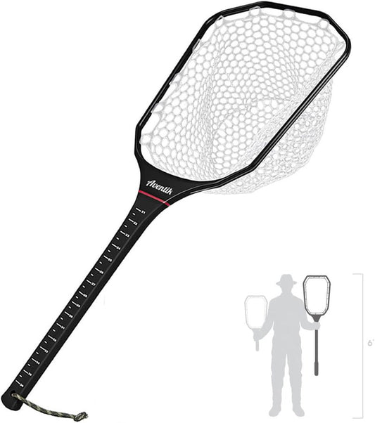 Fly Fishing Landing Net - Carbon Fiber Trout Net with Measurement Handle & Soft Rubber Mesh | 26” Standard / 37” Long