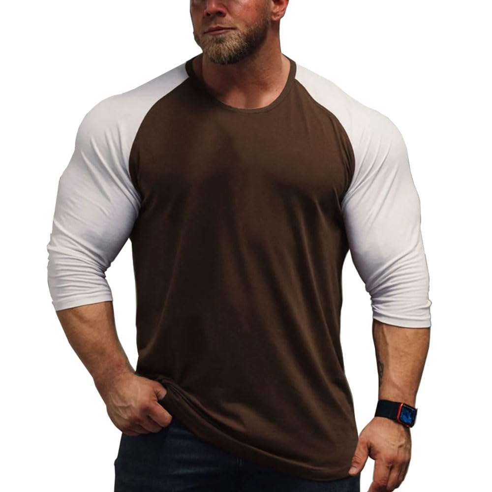 Mens Muscle Cut Raglan T Shirts with 3/4 Sleeve Fitness Workout Tops Coffe-White 2XL