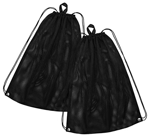 2 Multi Functional Mesh Bags With Drawstring Shoulder Straps For Swimming, Beach, Diving, Travel, Gym - 2 Pack Black (16 x 20 inch, Wet-or-dry-environment)