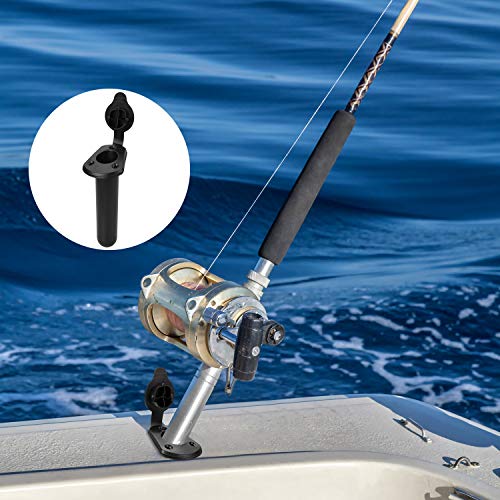 QKURT 2 Pack Kayak Deck Fishing Boat Rod Holder and Cap Cover, Plastic Fishing Tackle Accessory Tool, Fish Boat Accessories, Black