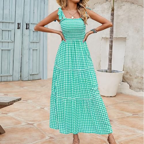 Summer Dress Deals Women's 2024 Summer Casual Dress Boho Tie Shoulder Smocked Dress Elastic Waist Tiered Plaid Midi Dress,Summer Clothes Green