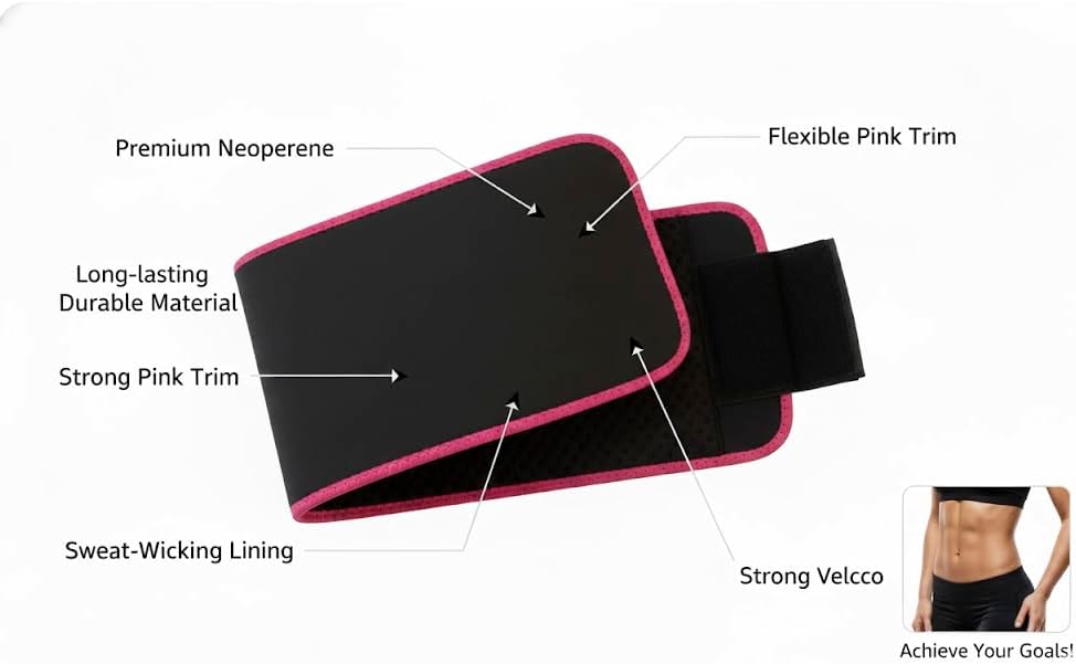 Unisex Sauna Waist Trimmer Belt - Ab Training & Toning Sweat Wrap | Adjustable 42" x 8" (Black with Pink Trim)