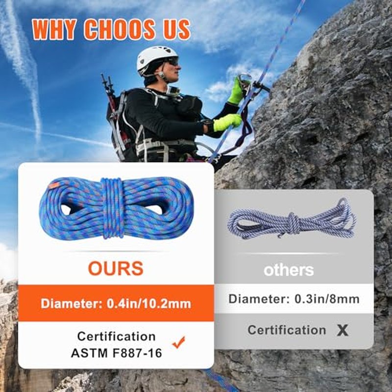 VEVOR 10.2mm Dynamic Climbing Rope, Outdoor Rock Climbing Rope 25KN Breaking Tension, Stretchable Fiber Rope with Steel Snap Hooks for Escape, Rappelling, Fire Rescue, Blue