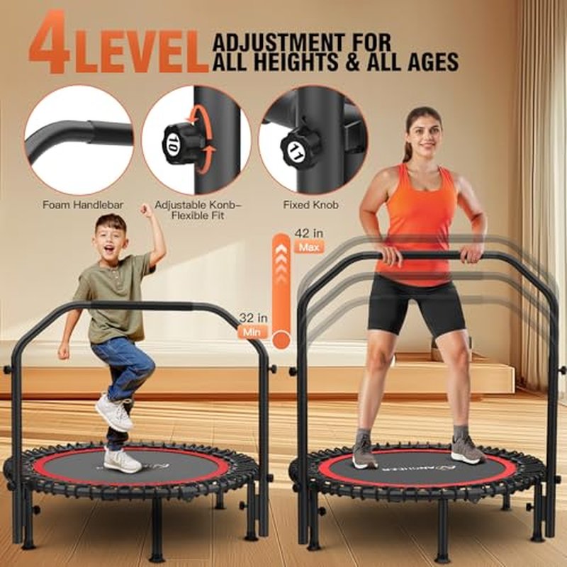 Bungee Rebounder Trampoline,ANCHEER 40/48" Foldable Fitness Trampoline with 4 Level Adjustable Handlebar, 450-550LBS Capacity, Resistance Ropes&Upgraded Bungees Safe for Home/Cardio,Indoor/Outdoor