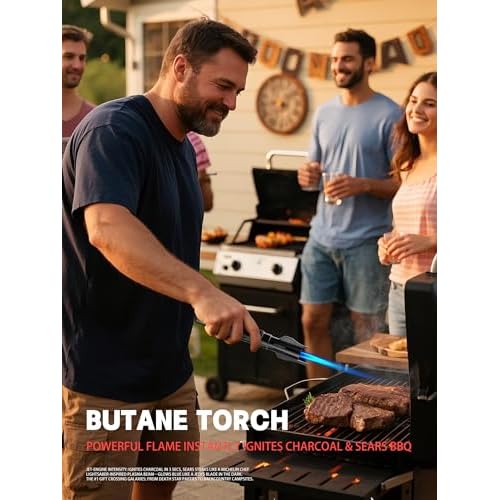 Bright Fire Torch Lighter Butane Refillable, Long Jet Flame Butane Lighter with Long Handle, Adjustable Windproof Lighters for Cooking Fireplace Camping BBQ Lighters Gift for Man (Without Fuel) Black