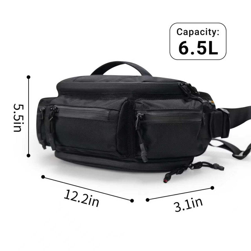 reeyee N10 Utility Cycling Waist Pack, 6.5L Expandable Motorcycle Hip Bag, 840D CORDURA Water-Resistant Sling Bag with Quick-Release Magnetic Buckle & Reflective Zipper for Hiking, Commuting - Black