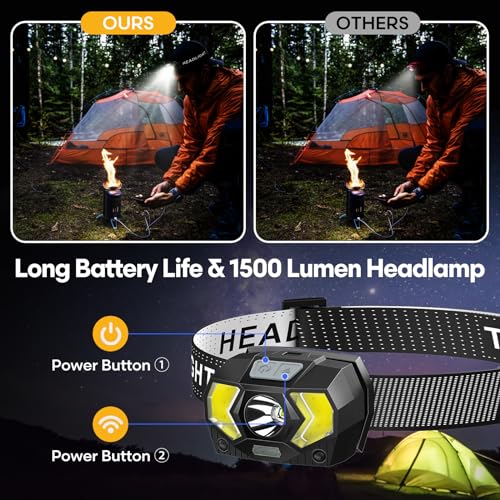 Eirnvop Headlamp 2 Pack,1500 Lumen Bright LED Head Lamp with 7 Modes, Head Lights for Forehead with Red Light, IPX5 Waterproof Head Light for Adults and Kids Camping Running, 6AAA Batteries Included