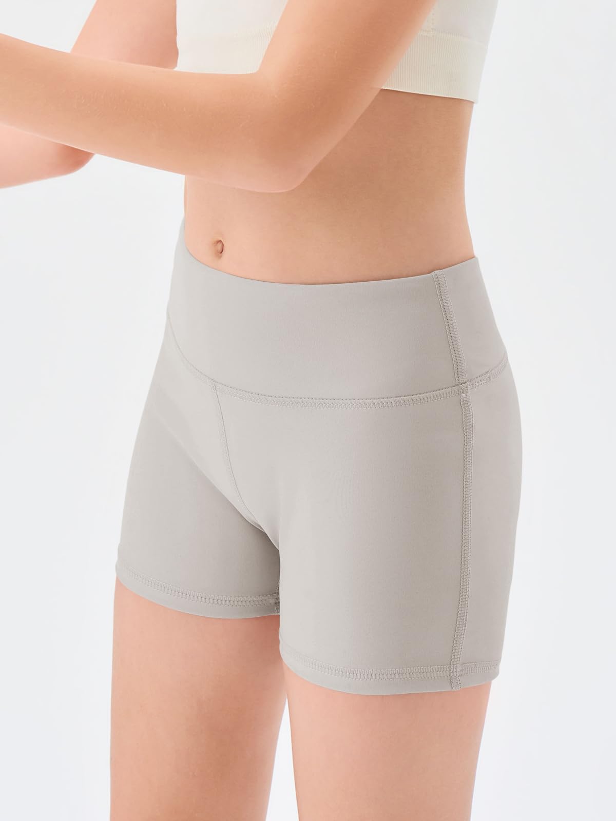 Haloumoning Girls Athletic Shorts Kids High Waisted Yoga Dance Biker Shorts Comfy Gymnastics Shorts 5-14Y Light Gray