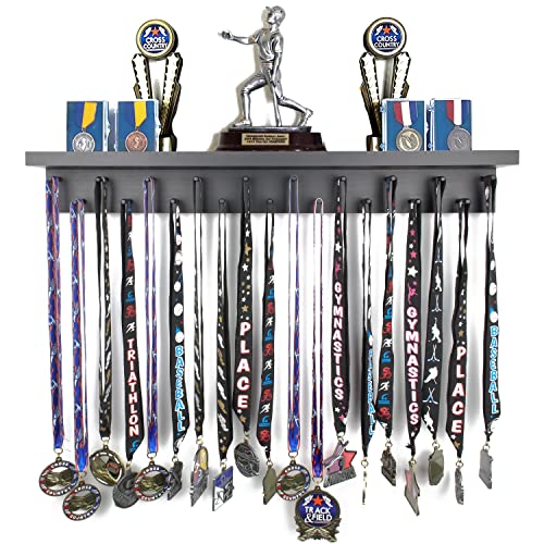 2ft- Medal Awards Rack- Premier Medal Hanger Display and Trophy Shelf - Multi-Purpose Trophy and Medal Holder for Medal Display, Plaques, Pictures, Trophies and More Solid Wood