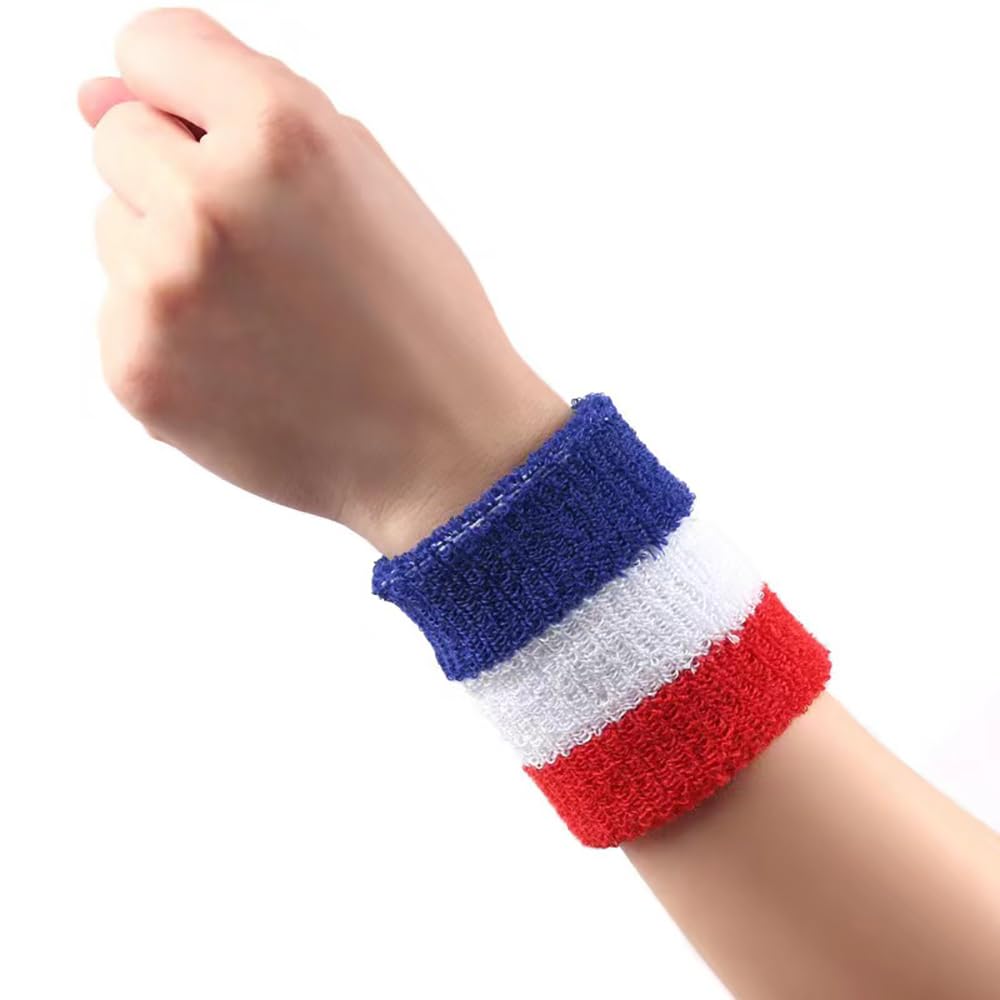 LINGXINXIN Sweatbands Sports Wristbands for Kids and Women - 3 inch Elastic Athletic Wrist Bands for Tennis, Basketball, Running, Working Out (Red, White and Blue)