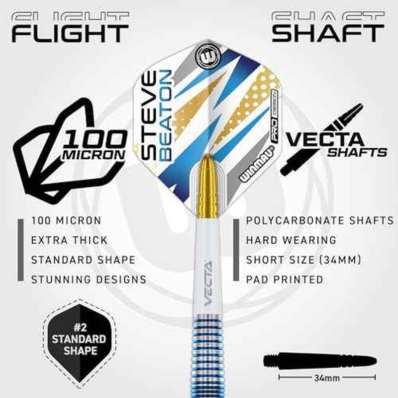 WINMAU Darts - Professional Player - Steve Beaton Legacy Edition 90% Tungsten Darts Set with Dart Flights and Dart Shafts (Stems) ? Available in Soft and Steel Tip - Available weights 18g, 22g and 24g