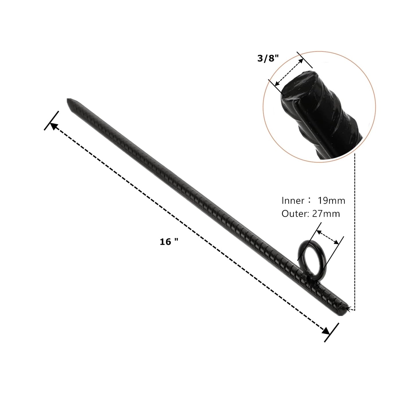 NROZIET 12 Pack 16 Inch Ground Stakes Heavy Duty, Black Steel Ground Anchors with Loop, Reusable Tent Rebar Tent Stakes for Sheds Outdoor Camping Walkway Fence
