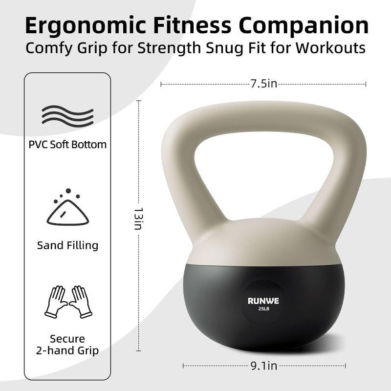 RUNWE 25 lb Kettlebell Soft - Sand Filled Kettlebell Hand Weight, Soft-Sided Cushioned Base,Safety Guaranteed Ideal for Men, Women, & Beginners