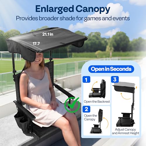 VIVOHOME Black Stadium Seat with Sunshade Canopy & Back Support for Outdoor Sports