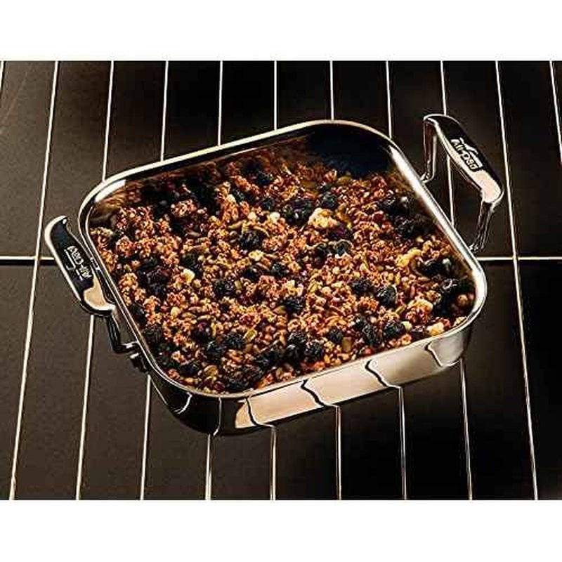 All-Clad Specialty Stainless Steel and Plastic Lid Square Covered Baking Pan 8x8 Inch Oven Broiler Safe 600F Pots and Pans Silver