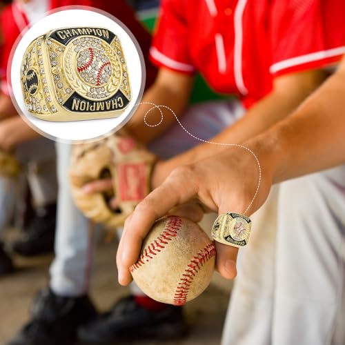 Landical 12 Pcs Baseball Championship Ring Baseball Champion Rings Softball Trophy Award Gift with Display Neck Chain and Stand for Tournament or League Baseball Champion Winner(Gold, 12 Pcs)