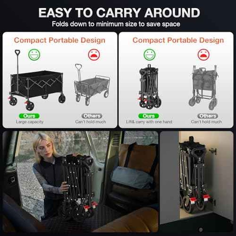 180L Large Capacity Collapsible Wagon Carts with Wheels,Foldable Wagon with 330LBS,Heavy Duty Shopping Cart,Portable Wagons Carts Foldable for Beach,Sports,Garden,Laundry,Outdoor-Black
