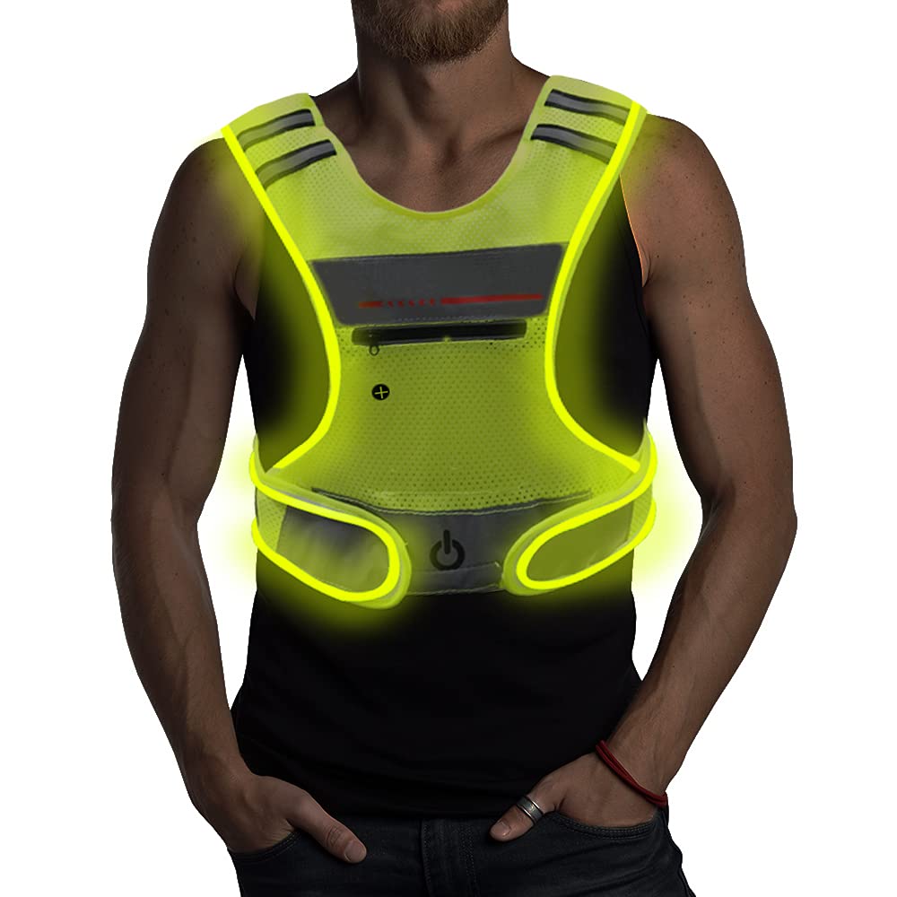 LED Reflective Vest Running Gear with Pouch, USB Charging & Ultralight Reflective Safety Vest | Large Pocket & Adjustable Waist for Night Running Cycling - 3 LED Glowing Modes Reflector Strips