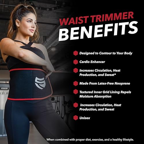 SteelFit Waist Trimmer Belt - Adjustable Latex-Free Neoprene Sweat Waist Band - Unisex - Waist Trainer Workout Belt to Help Promote Increased Heat, Circulation and Sweat Black, Red