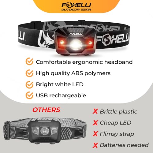 Foxelli LED Headlamp Rechargeable – Ultralight USB Rechargeable Headlamp Flashlight for Adults & Kids, Waterproof Head Lamp with Red Light for Running, Camping, Hiking & Outdoor