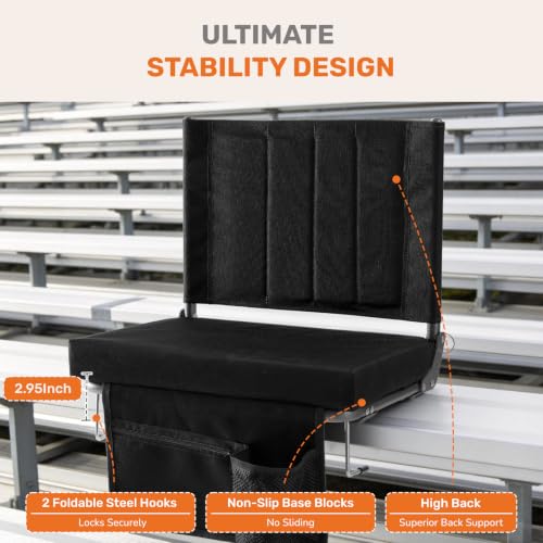 Sweetcrispy Black 2-Pack Stadium Bleacher Seats with Back Support, Portable Folding Design