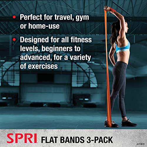 SPRI Flat Bands 3-Pack - Resistance Band Kit Set with 3 Levels of Resistance - Exercise Bands for Strength Training, Flexibility, & Body Workout - Versatile Fitness Tool - Light, Medium, and Heavy