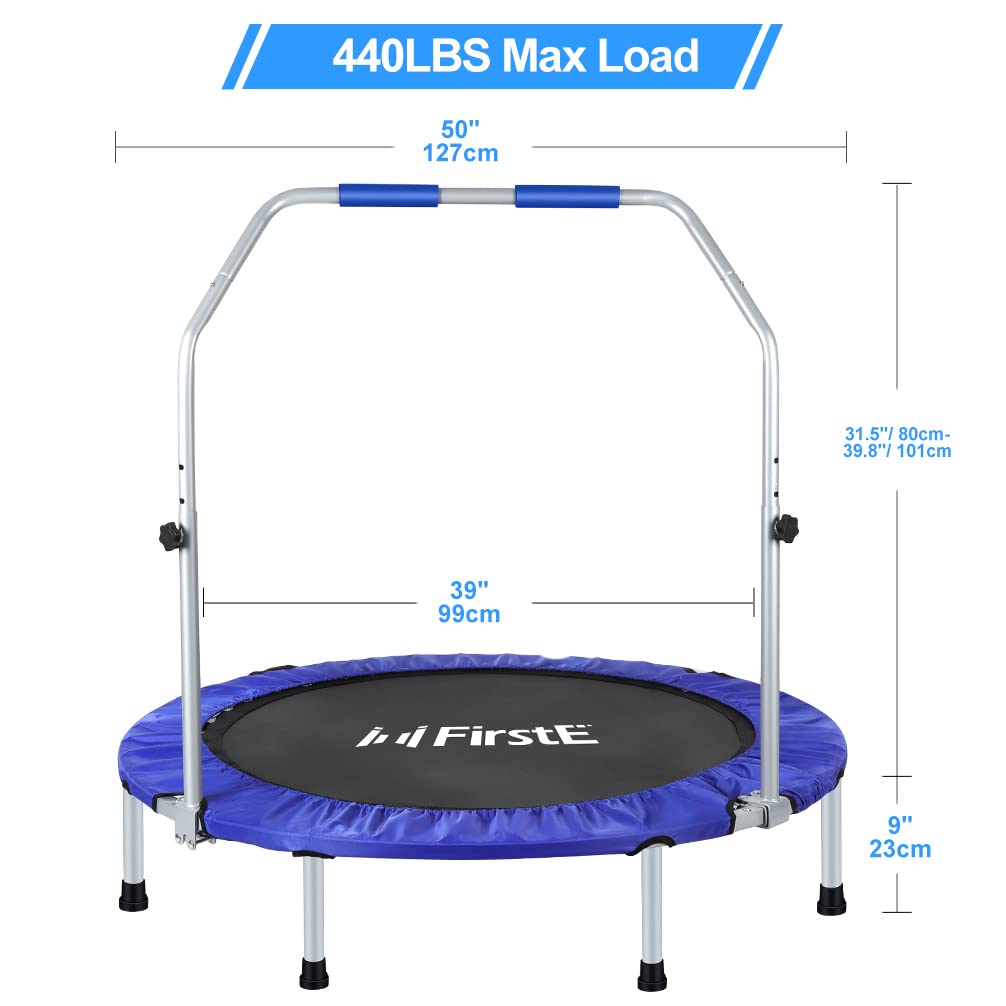 50 inch Mini Fitness Trampoline for Adults, Foldable Exercise Trampoline with 5 Levels Adjustable Foam Handle, Rebounder Trampoline for Bounce Workout Indoor/Garden Max Load 440lbs