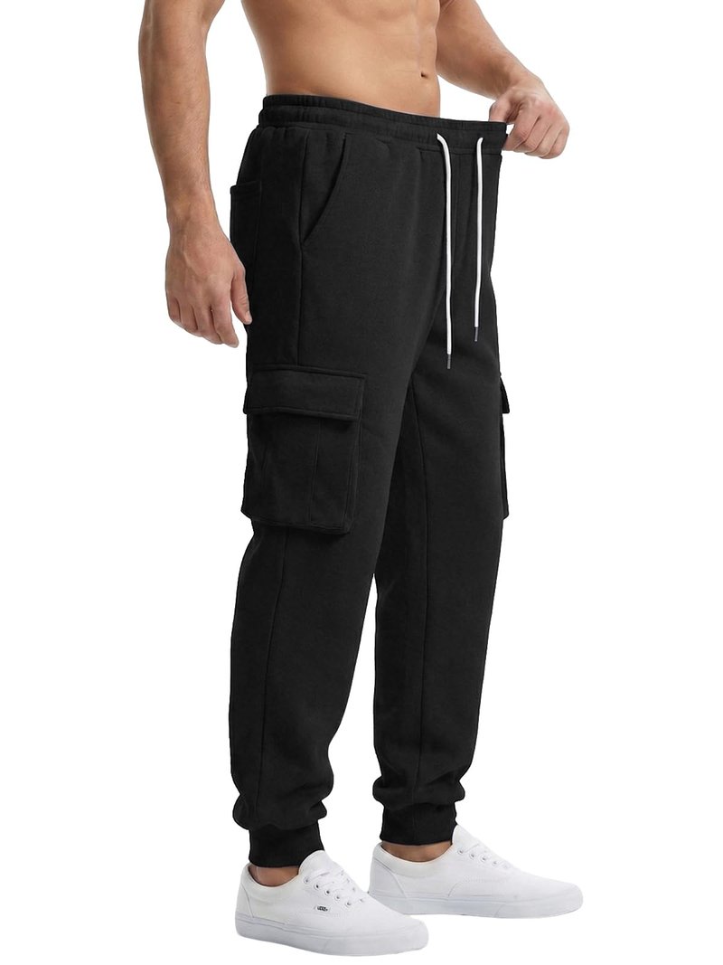 PIDO YOGA Men's Cargo Sweatpants Fleece Casual Jogging Hiking Pants Baggy Sweat Pants for Men Running Athletic Workout with Pockets,Black