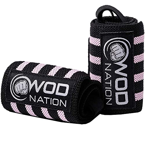 WOD Nation Wrist Wraps for Weightlifting, 12” Professional Gym Wrist Straps w/Thumb Loop for Men & Women, Wrist Support Wraps for Strength Training, Powerlifting & Bodybuilding (Black/Pink)