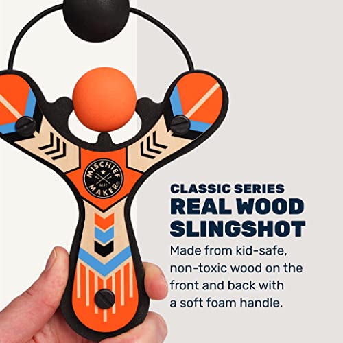 Mighty Fun! - Mischief Maker® Wooden Slingshot - Classic Series - Real Wood Slingshot for Kids, 4 Soft Foam Balls and Storage Bag - Ages 4+ (Orange)