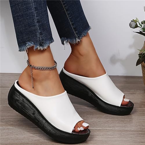 WUIJHIKC Orthopedic Sandals for Women, 2024 Summer Comfortable Orthotic Leather Wedges Slides Dressy Platform Heel Arch Support Slip Sandals, Orthopedic Sandals Chic and Comfortable (Black,4)