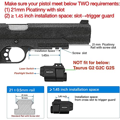 Gmconn Tactical Gun Light and Green Laser Sight Combo 650 Lumens, Flashlight Laser Combo for Pistol, Strobe Weapon Light with Green Laser for Gun with 21MM Width Picatinny Rail