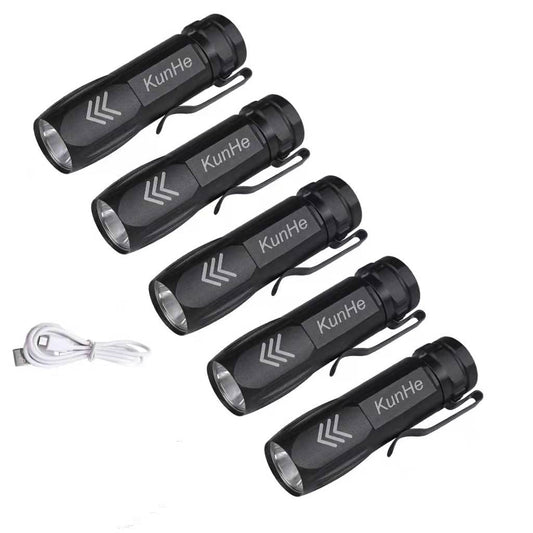 KunHe 5 Pack Mini Small Pocket LED Flashlight, USB Rechargeable Flashlights, High Lumens Bright Powerful EDC Flash Lights, Handheld Flashlights Bulk, Compact Pocket Flashlight with Belt Clip