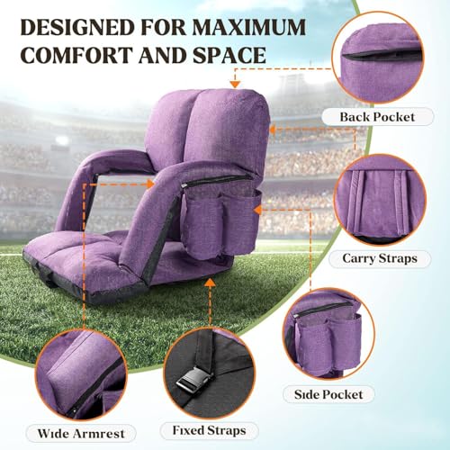 Wide Stadium Seats with Back Support, Bleacher Chairs with Comfy Cushion, 6 Reclining Positions, Portable Stadium Chair Bleacher Seat with Armrests for Outdoor Sport Events, Camping, Beaches (Purple)