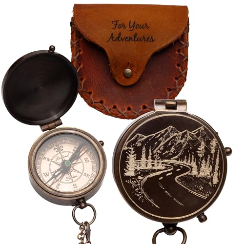 SFdizayn Mountains and Road Engraved Working Handmade Antiqued Brass Compass Gift for Men with ''for Your Adventures'' Stamped Leather Case