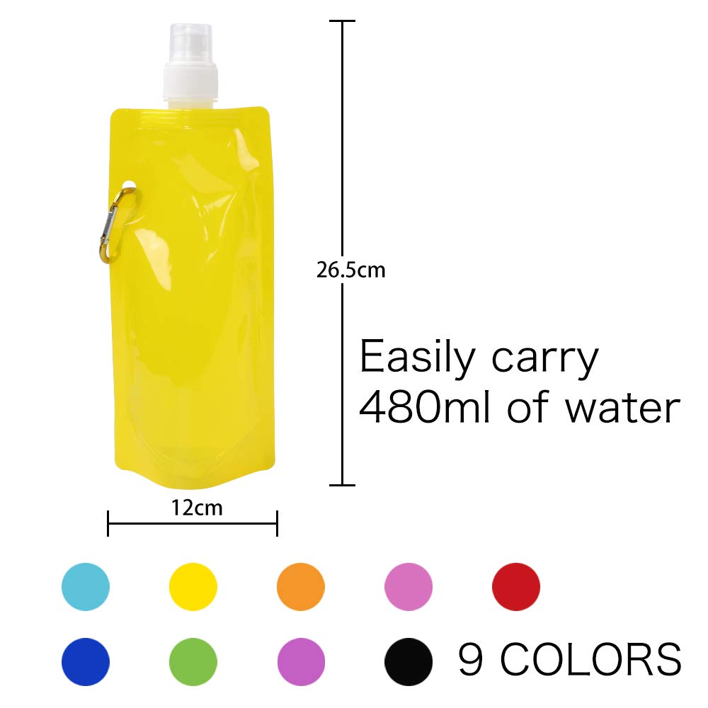 TOMNK Collapsible Water Bottle, 9pcs Reusable Canteen Foldable Drinking Water Bags with Clip for Sports, Biking, Hiking Travel, 9 Colors