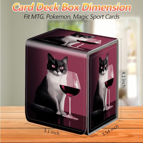 JANENFNA Card Deck Box, Card Storage Box Fits 100+ Single Sleeved Cards, Large Capacity PU Leather Card Storage Box with Strong Magnet for Magic Commander TCG CCG, Red Wine Cat