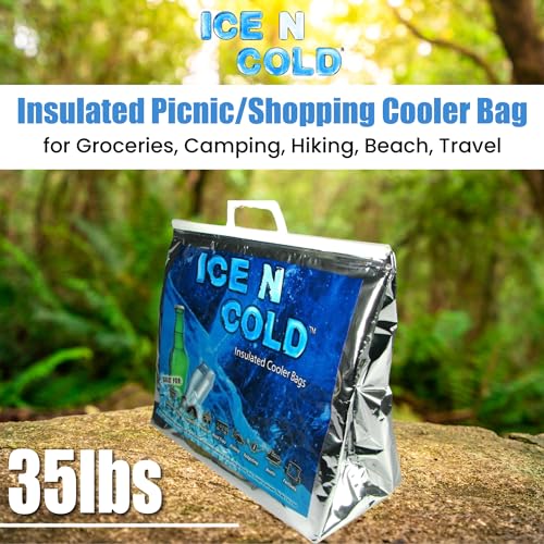 ICE N COLD Insulated Picnic/Shopping Cooler Bags (Pack of One) for Groceries, Camping, Hiking, Beach, Travel | Lightweight Soft Collapsible | Large Capacity Hold 35lbs