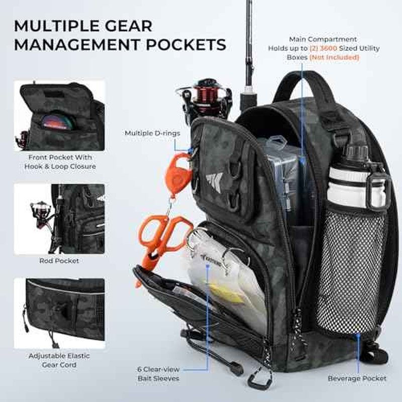 KastKing BaitSpace Fishing Sling Bag, Fishing Backpack with Rod & Beverage Holder, Tackle Bag for Fishing Gear